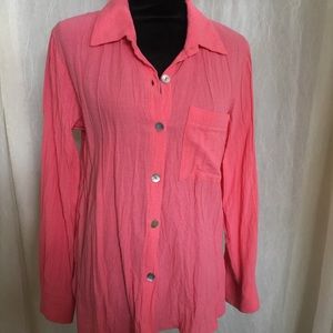 Crinkle Cotton Button Shirt, long sleeve, melon (s)